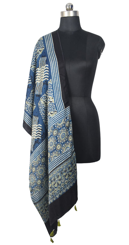 Ajrakh Modal Silk Natural Dye Hand Block Print Stole With Tassels - 2 Mtr Length   -  SKU : EK28901Q