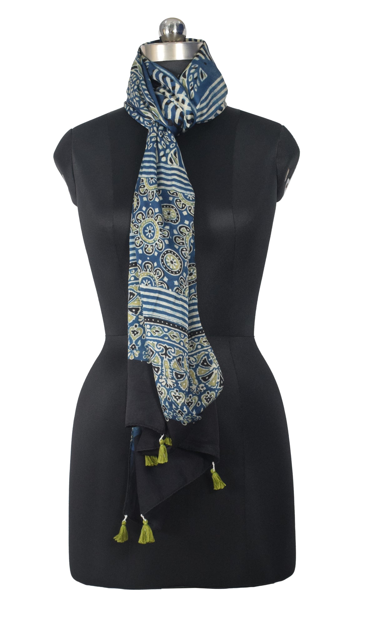 Ajrakh Modal Silk Natural Dye Hand Block Print Stole With Tassels - 2 Mtr Length   -  SKU : EK28901Q