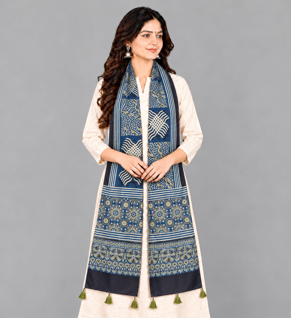 Ajrakh Modal Silk Natural Dye Hand Block Print Stole With Tassels - 2 Mtr Length   -  SKU : EK28901Q