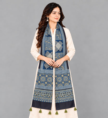 Ajrakh Modal Silk Natural Dye Hand Block Print Stole With Tassels - 2 Mtr Length   -  SKU : EK28901Q