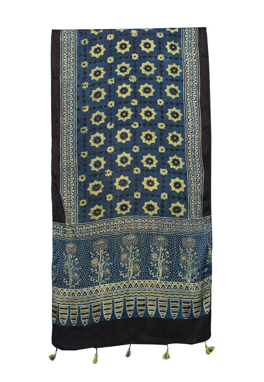 Ajrakh Modal Silk Natural Dye Hand Block Print Stole With Tassels - 2 Mtr Length    -  SKU : MS12A01S