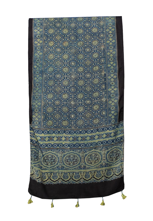 Ajrakh Modal Silk Natural Dye Hand Block Print Stole With Tassels - 2 Mtr Length    -  SKU : MS12A01U