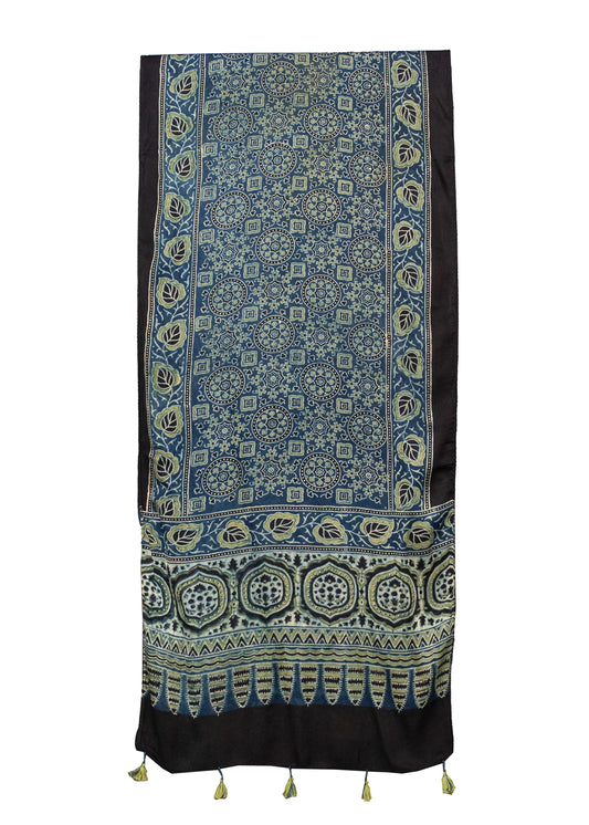 Ajrakh Modal Silk Natural Dye Hand Block Print Stole With Tassels - 2 Mtr Length    -  SKU : MS12A01V