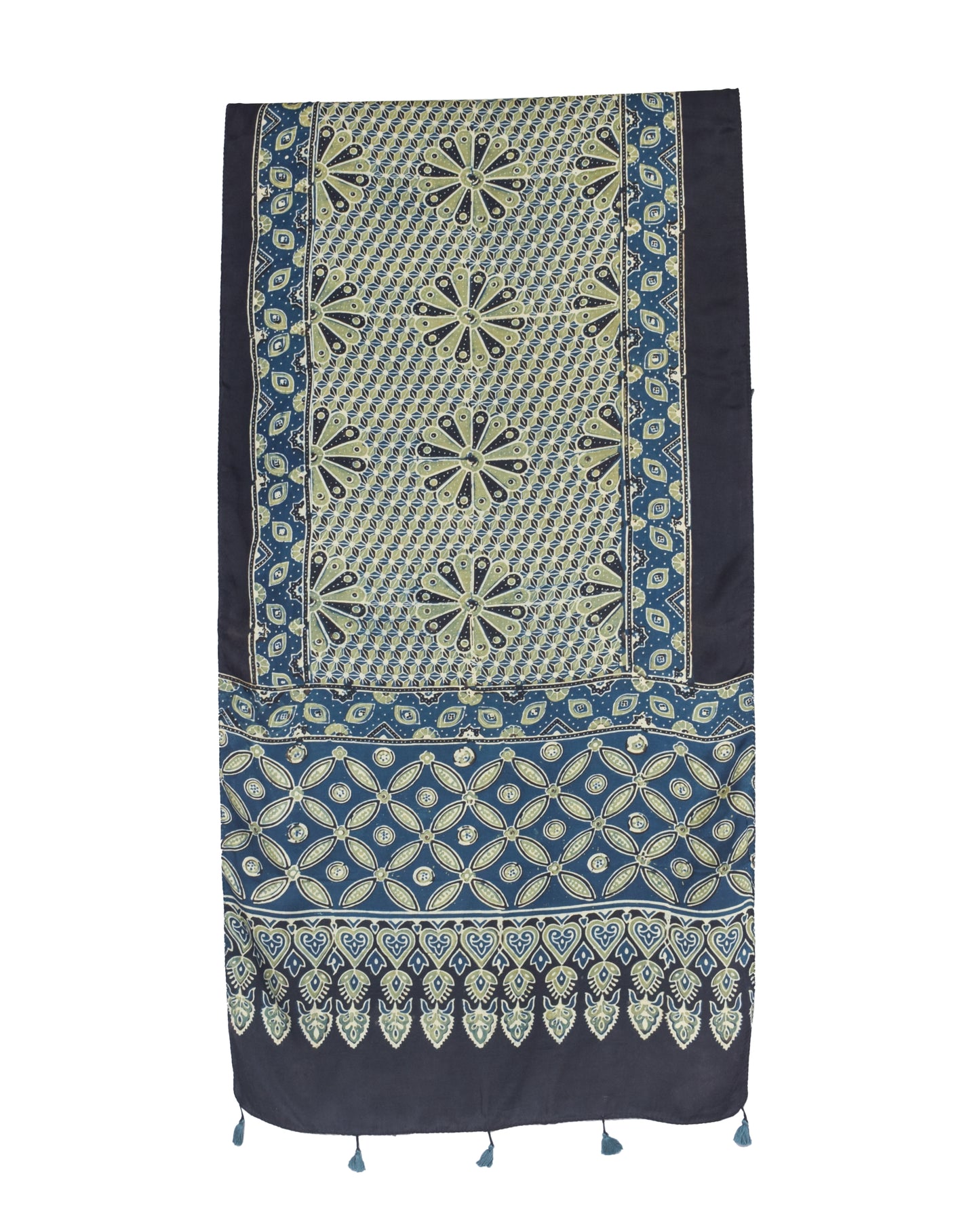 Ajrakh Modal Silk Natural Dye Hand Block Print Stole  With Tassels  - 2 Mtr Length    -  SKU : RM16901H