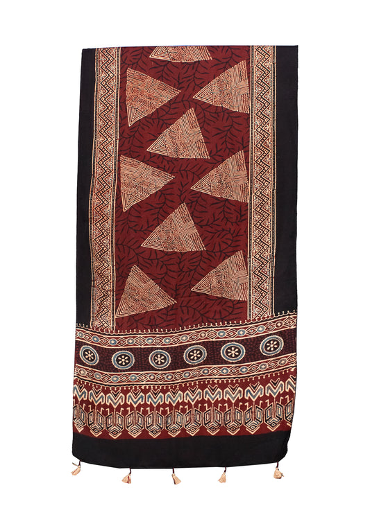 Ajrakh Modal Silk Natural Dye Hand Block Print Stole With Tassels - 2 Mtr Length    -  SKU : MS12A01W