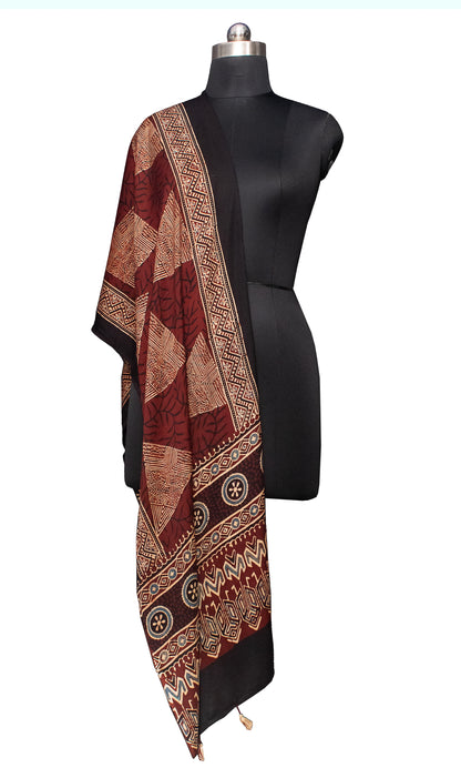 Ajrakh Modal Silk Natural Dye Hand Block Print Stole With Tassels - 2 Mtr Length    -  SKU : MS12A01W