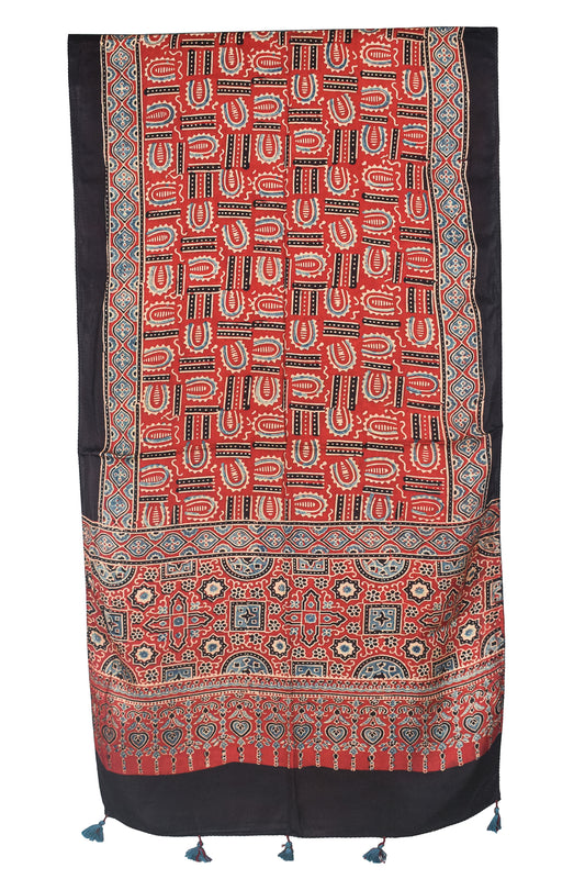 Ajrakh Modal Silk Natural Dye Hand Block Print Stole With Tassels - 2 Mtr Length    -  SKU : AI18702A