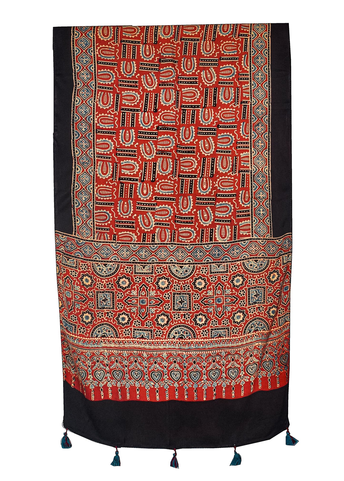 Ajrakh Modal Silk Natural Dye Hand Block Print Stole With Tassels - 2 Mtr Length    -  SKU : AI18702A