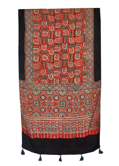 Ajrakh Modal Silk Natural Dye Hand Block Print Stole With Tassels - 2 Mtr Length    -  SKU : AI18702A