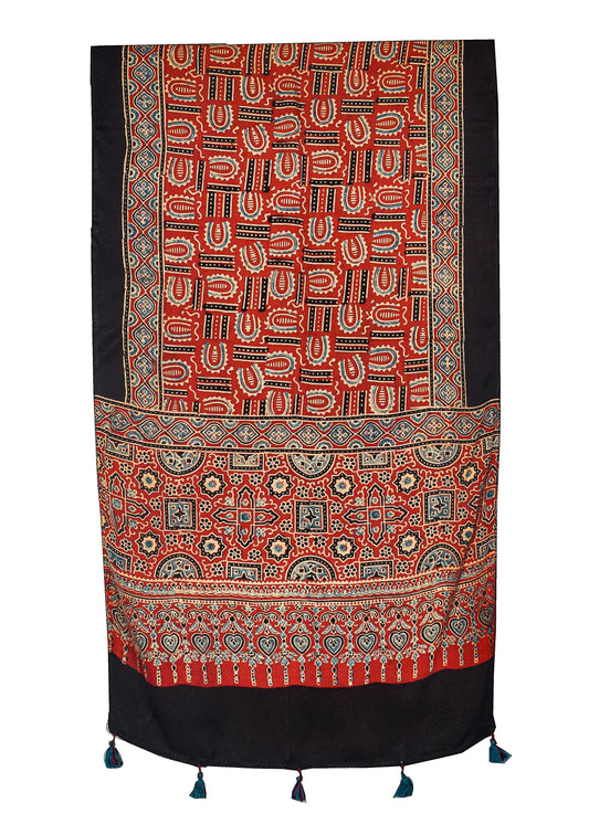 Ajrakh Modal Silk Natural Dye Hand Block Print Stole With Tassels - 2 Mtr Length    -  SKU : AI18702A