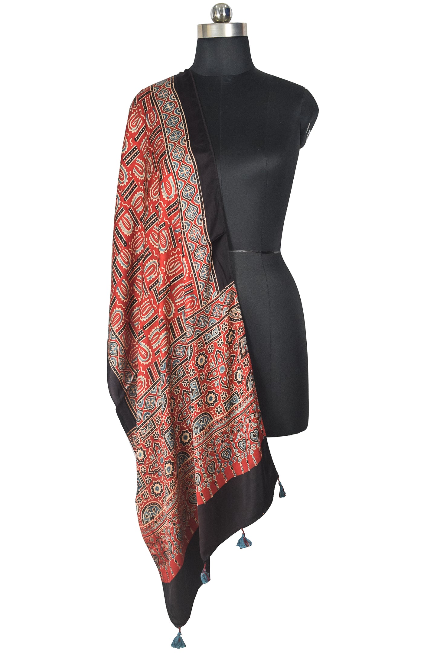 Ajrakh Modal Silk Natural Dye Hand Block Print Stole With Tassels - 2 Mtr Length    -  SKU : AI18702A