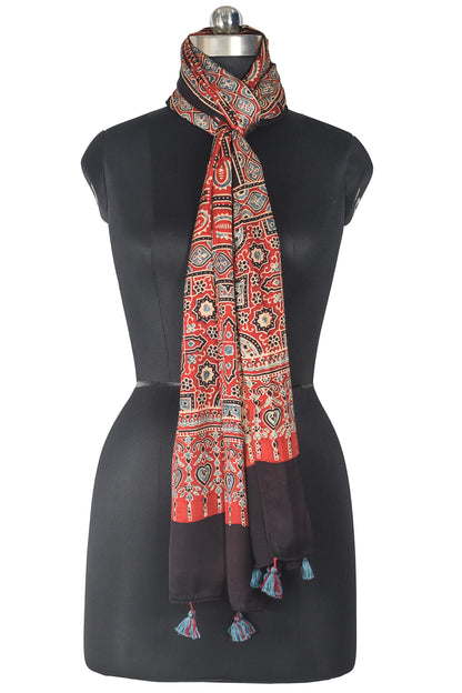 Ajrakh Modal Silk Natural Dye Hand Block Print Stole With Tassels - 2 Mtr Length    -  SKU : AI18702A