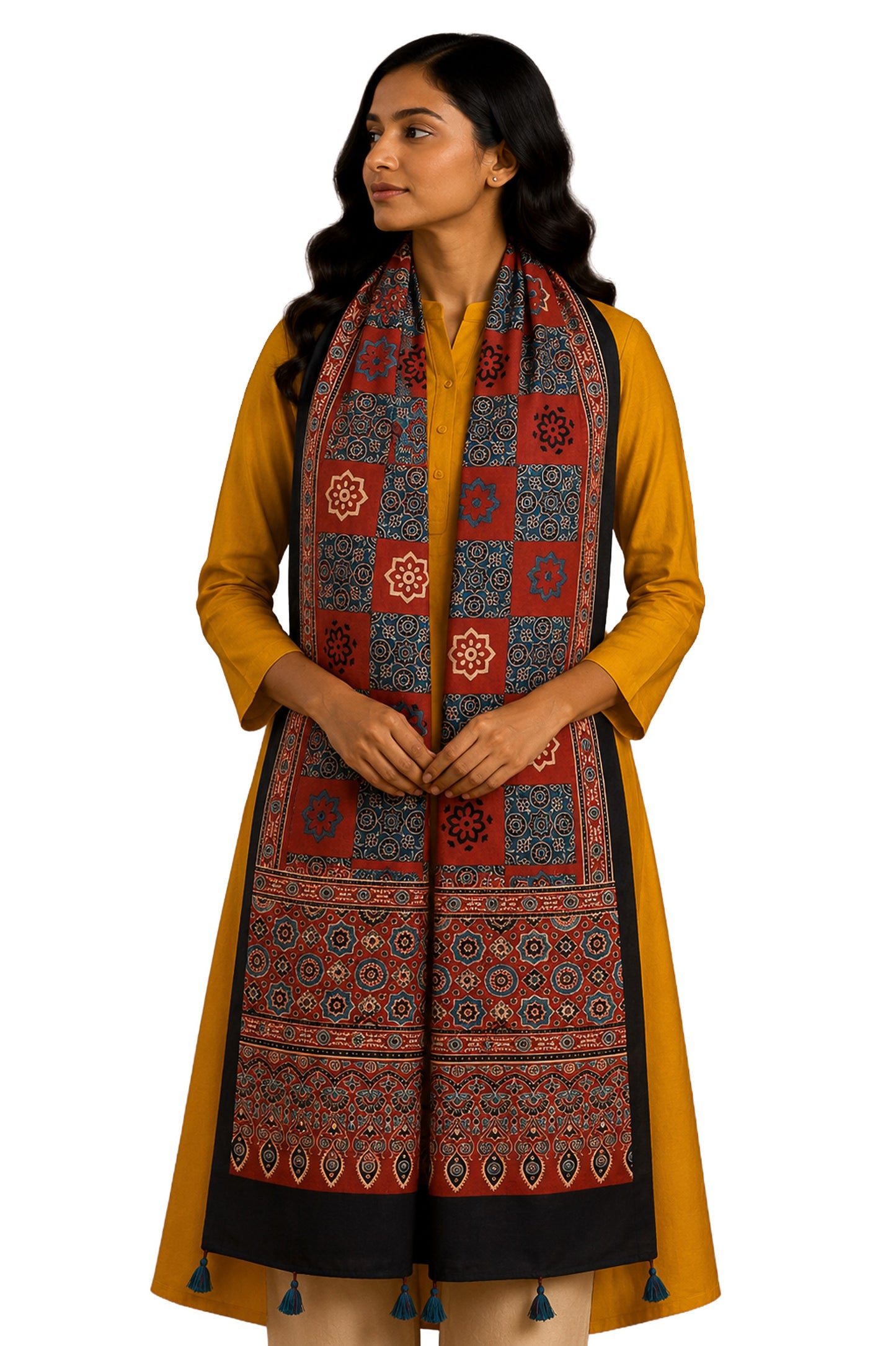 Ajrakh Modal Silk Natural Dye Hand Block Print Stole With Tassels - 2 Mtr Length    -  SKU : AI18702E