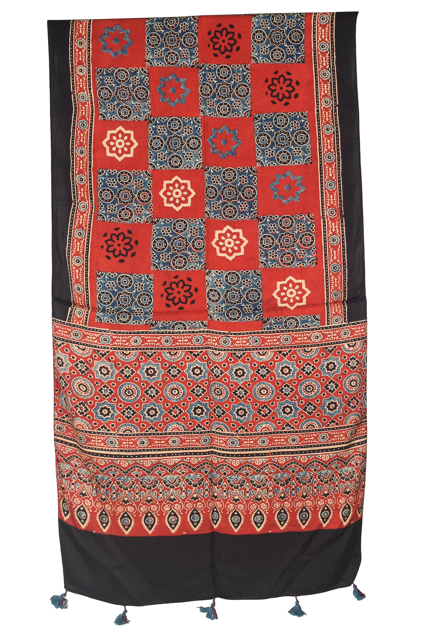 Ajrakh Modal Silk Natural Dye Hand Block Print Stole With Tassels - 2 Mtr Length    -  SKU : AI18702E