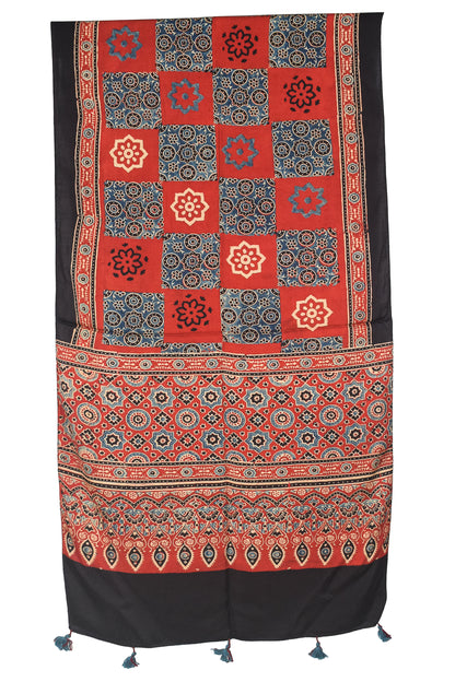 Ajrakh Modal Silk Natural Dye Hand Block Print Stole With Tassels - 2 Mtr Length    -  SKU : AI18702E