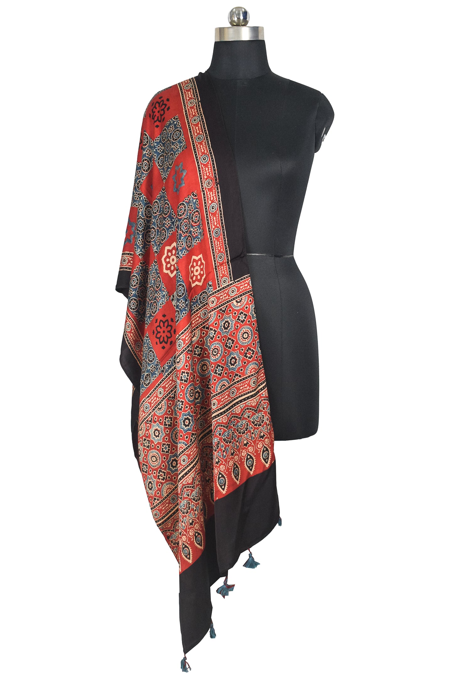 Ajrakh Modal Silk Natural Dye Hand Block Print Stole With Tassels - 2 Mtr Length    -  SKU : AI18702E