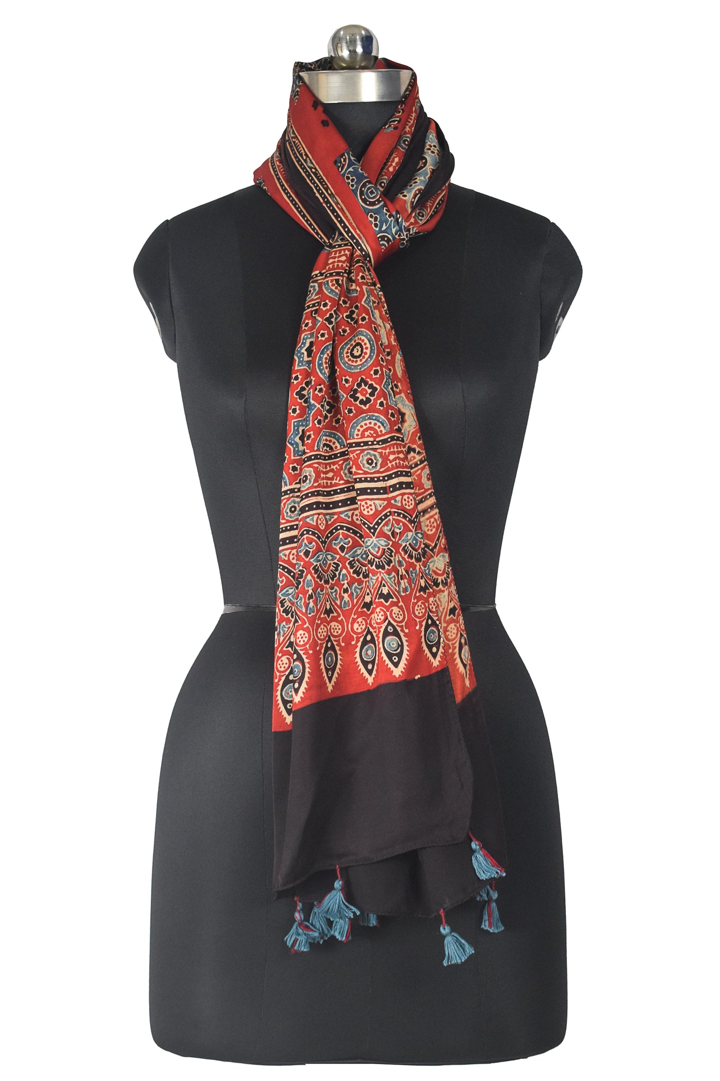 Ajrakh Modal Silk Natural Dye Hand Block Print Stole With Tassels - 2 Mtr Length    -  SKU : AI18702E