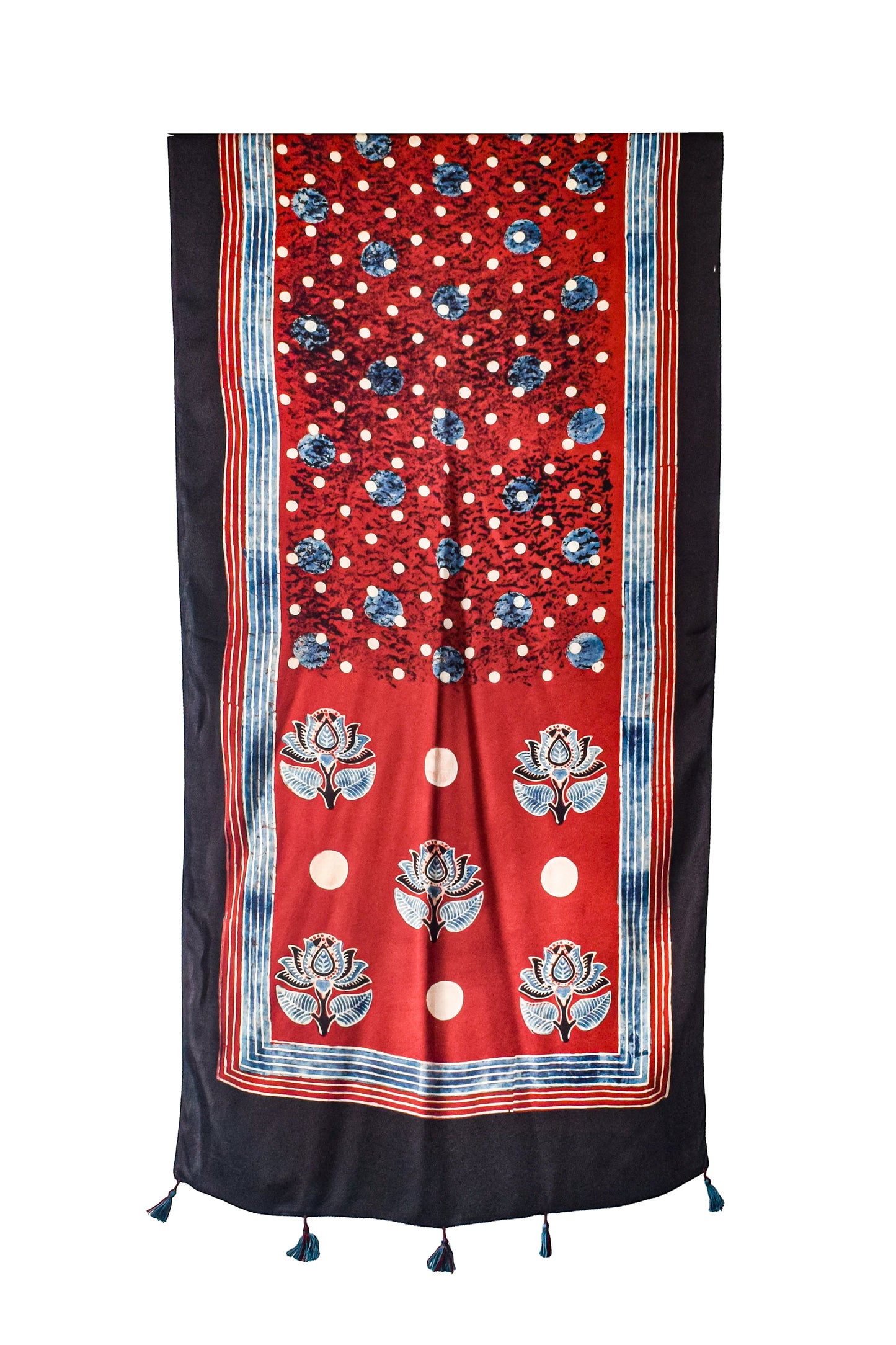 Ajrakh Modal Silk Natural Dye Hand Block Print Stole With Tassels - 2 Mtr Length    -  SKU : AI2690AB