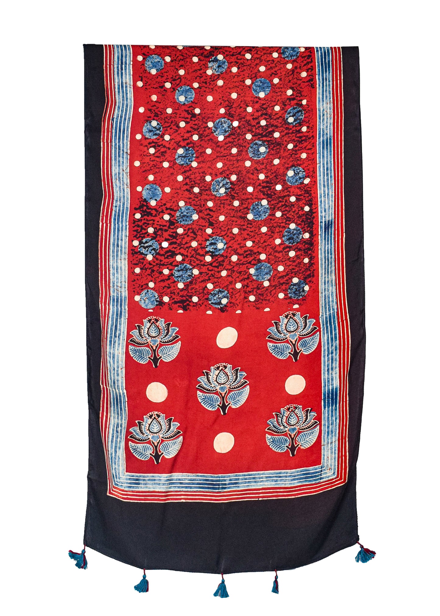 Ajrakh Modal Silk Natural Dye Hand Block Print Stole With Tassels - 2 Mtr Length    -  SKU : AI2690AB