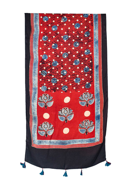 Ajrakh Modal Silk Natural Dye Hand Block Print Stole With Tassels - 2 Mtr Length    -  SKU : AI2690AB