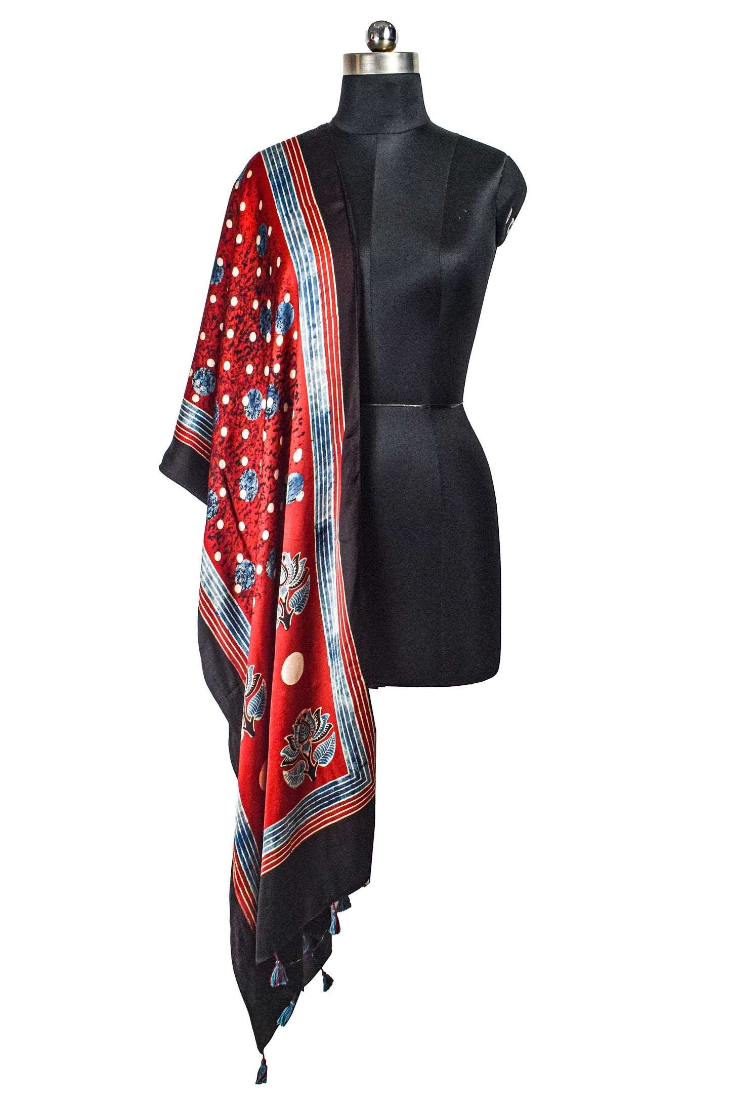 Ajrakh Modal Silk Natural Dye Hand Block Print Stole With Tassels - 2 Mtr Length    -  SKU : AI2690AB