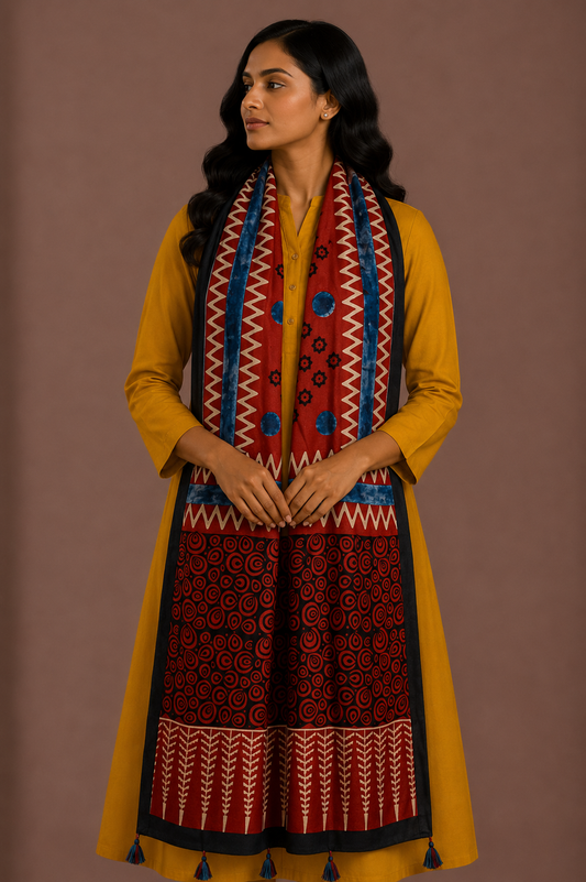 Ajrakh Modal Silk Natural Dye Hand Block Print Stole With Tassels - 2 Mtr Length    -  SKU : AI2690AC