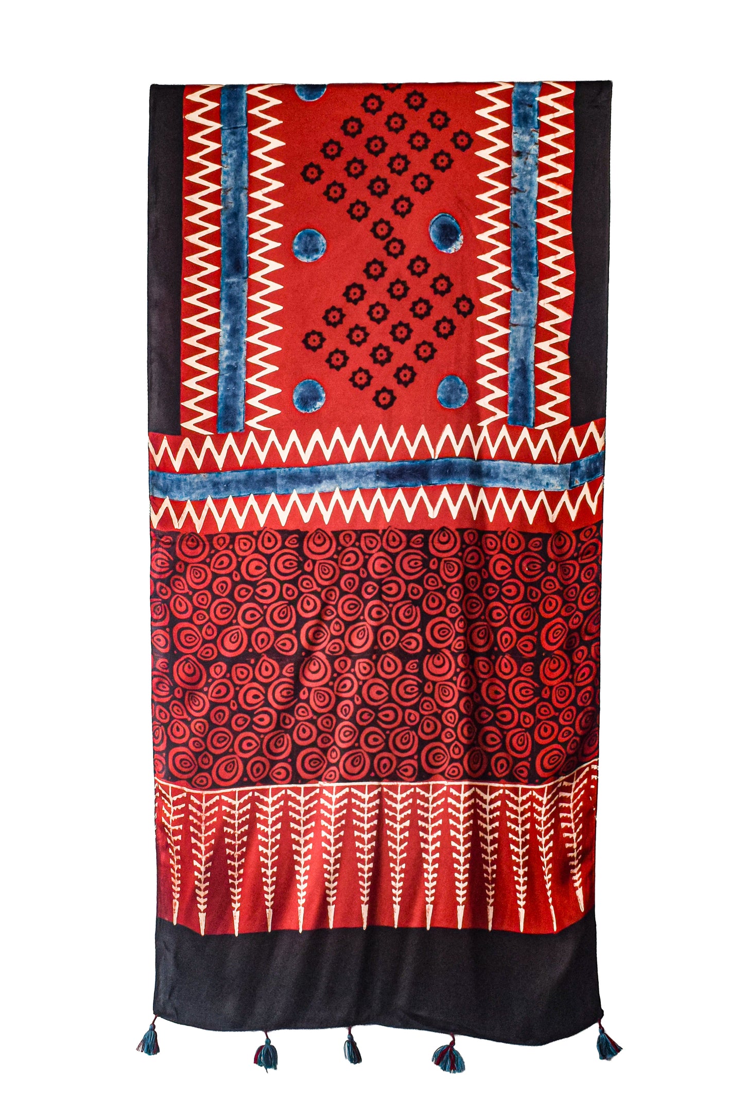 Ajrakh Modal Silk Natural Dye Hand Block Print Stole With Tassels - 2 Mtr Length    -  SKU : AI2690AC