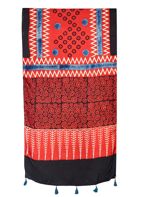 Ajrakh Modal Silk Natural Dye Hand Block Print Stole With Tassels - 2 Mtr Length    -  SKU : AI2690AC