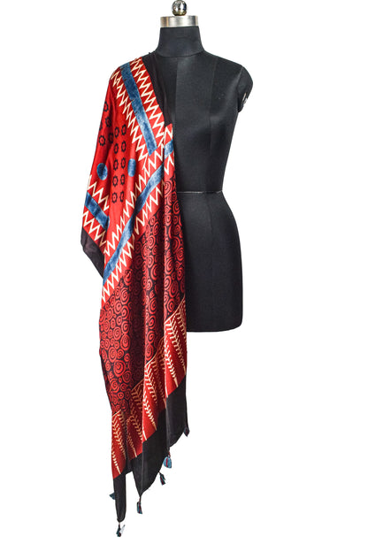 Ajrakh Modal Silk Natural Dye Hand Block Print Stole With Tassels - 2 Mtr Length    -  SKU : AI2690AC
