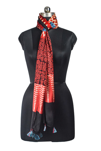 Ajrakh Modal Silk Natural Dye Hand Block Print Stole With Tassels - 2 Mtr Length    -  SKU : AI2690AC