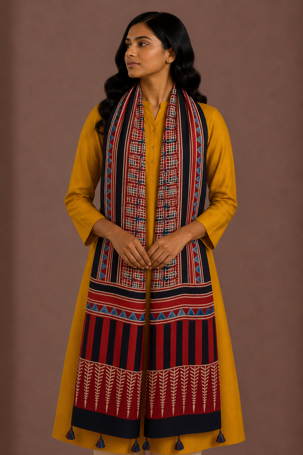 Ajrakh Modal Silk Natural Dye Hand Block Print Stole With Tassels - 2 Mtr Length    -  SKU : AI2690AD