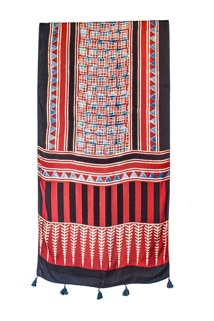 Ajrakh Modal Silk Natural Dye Hand Block Print Stole With Tassels - 2 Mtr Length    -  SKU : AI2690AD