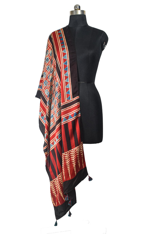Ajrakh Modal Silk Natural Dye Hand Block Print Stole With Tassels - 2 Mtr Length    -  SKU : AI2690AD