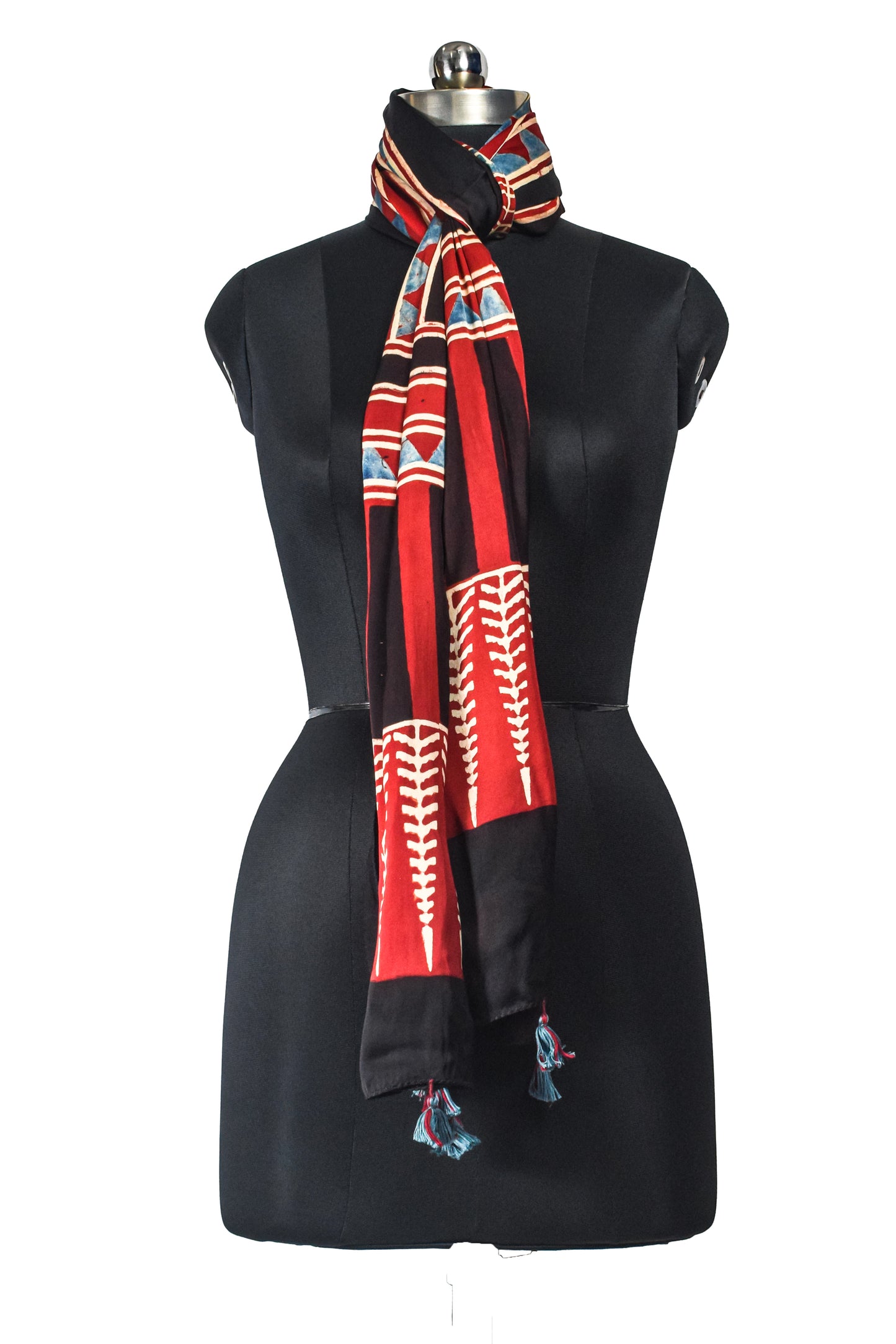 Ajrakh Modal Silk Natural Dye Hand Block Print Stole With Tassels - 2 Mtr Length    -  SKU : AI2690AD