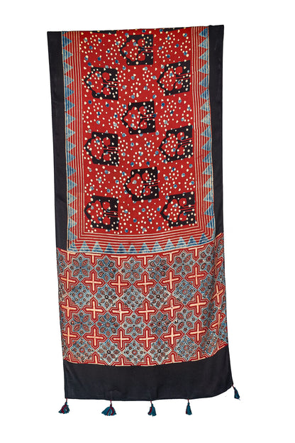 Ajrakh Modal Silk Natural Dye Hand Block Print Stole With Tassels - 2 Mtr Length    -  SKU : AI2690AE