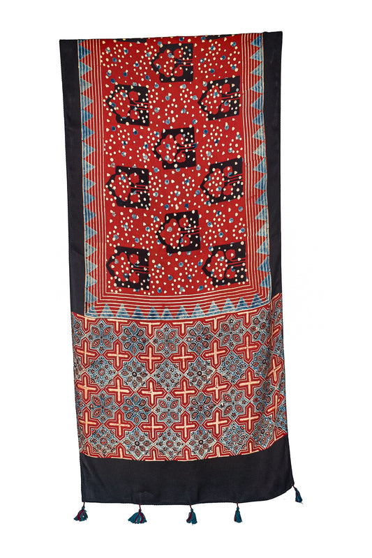 Ajrakh Modal Silk Natural Dye Hand Block Print Stole With Tassels - 2 Mtr Length    -  SKU : AI2690AE