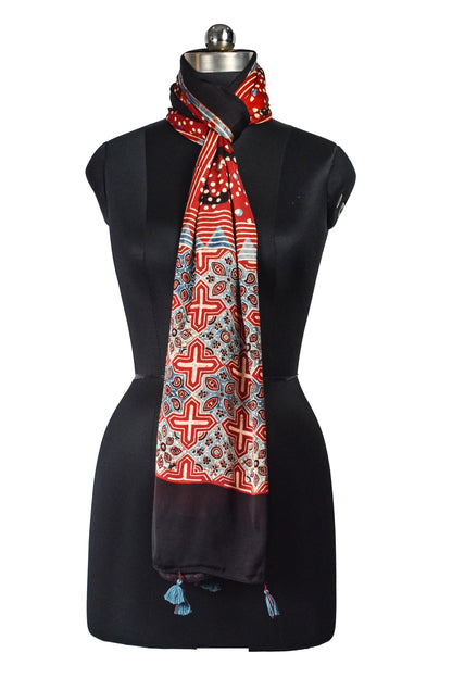 Ajrakh Modal Silk Natural Dye Hand Block Print Stole With Tassels - 2 Mtr Length    -  SKU : AI2690AE