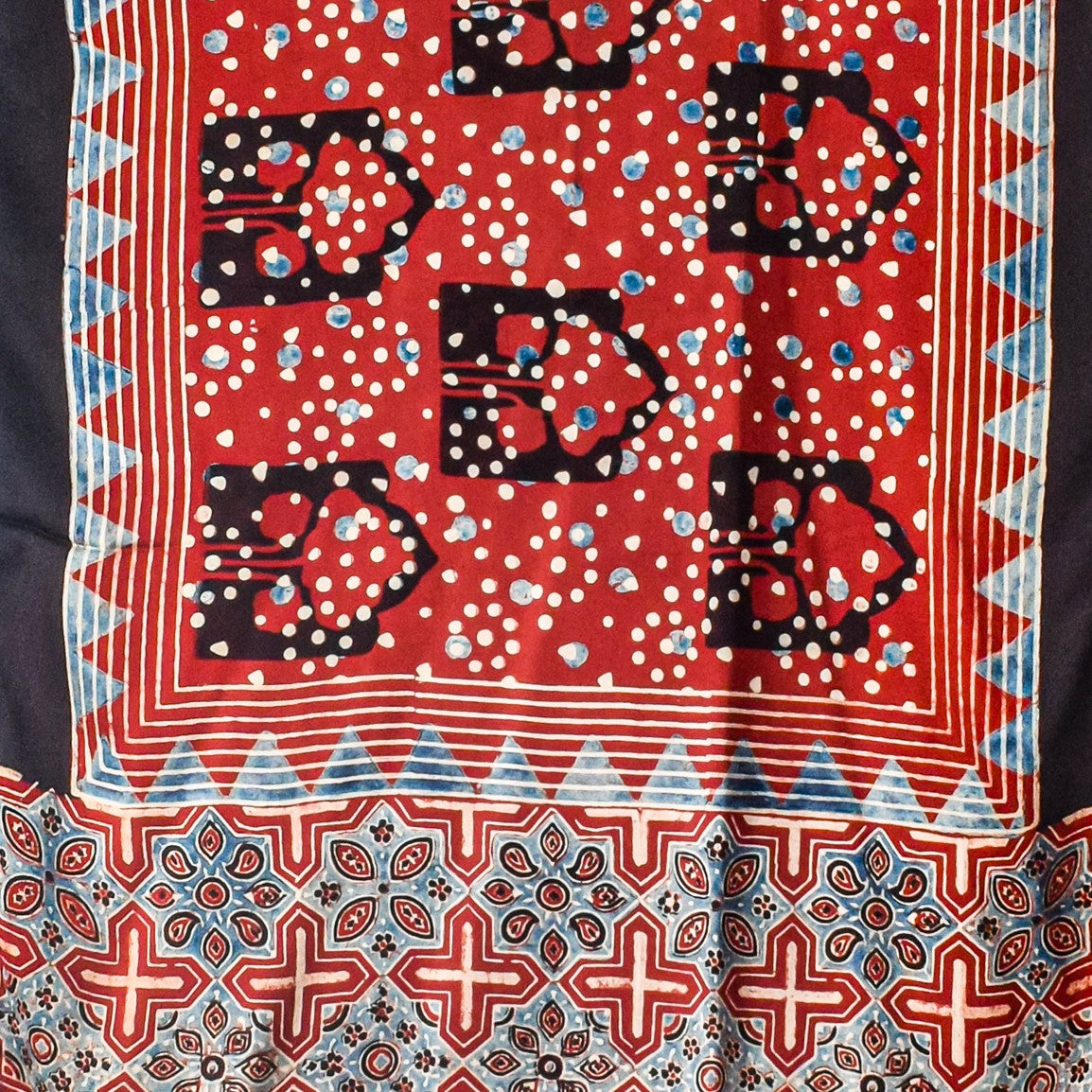 Ajrakh Modal Silk Natural Dye Hand Block Print Stole With Tassels - 2 Mtr Length    -  SKU : AI2690AE