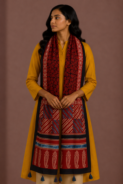 Ajrakh Modal Silk Natural Dye Hand Block Print Stole With Tassels - 2 Mtr Length    -  SKU : AI2690AF