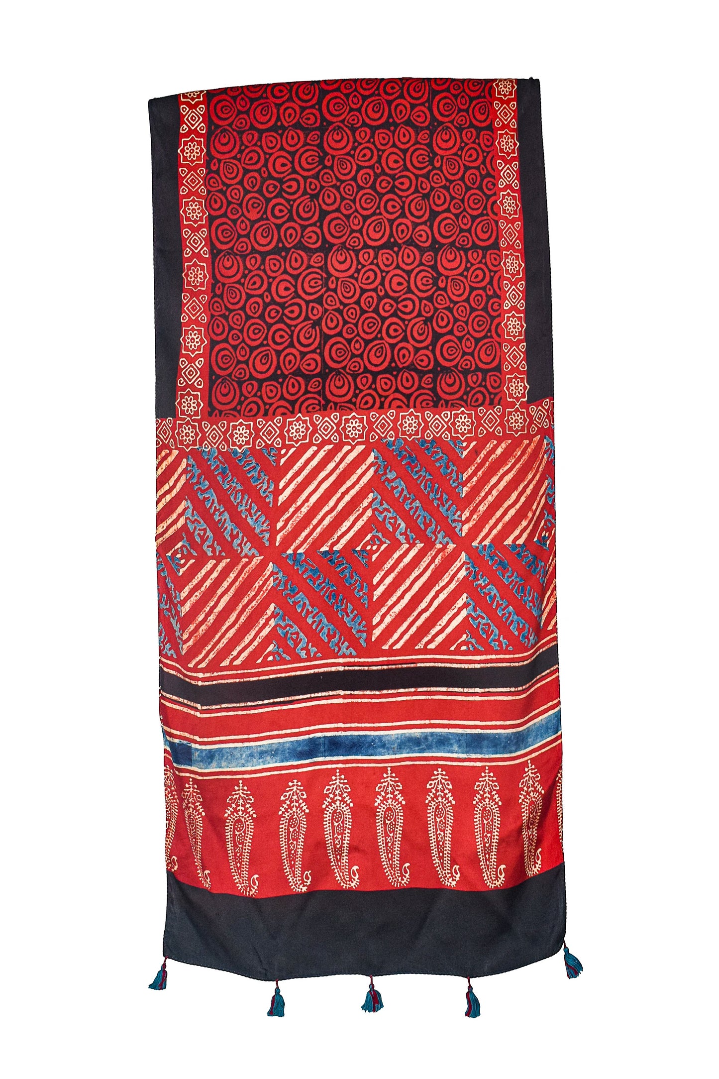 Ajrakh Modal Silk Natural Dye Hand Block Print Stole With Tassels - 2 Mtr Length    -  SKU : AI2690AF