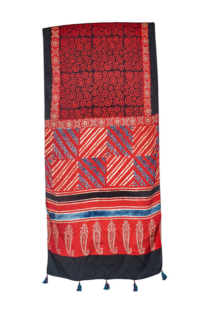 Ajrakh Modal Silk Natural Dye Hand Block Print Stole With Tassels - 2 Mtr Length    -  SKU : AI2690AF