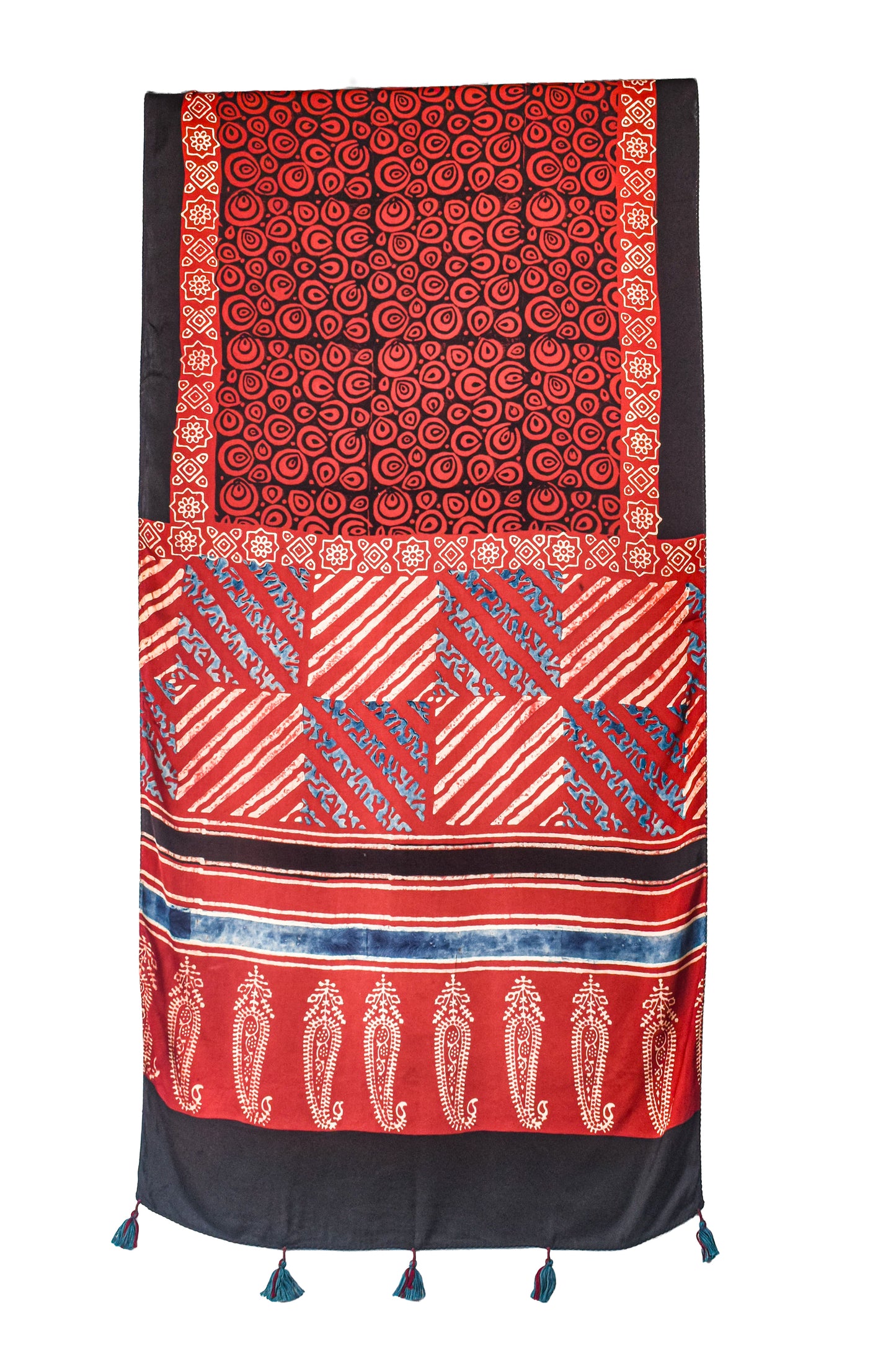 Ajrakh Modal Silk Natural Dye Hand Block Print Stole With Tassels - 2 Mtr Length    -  SKU : AI2690AF