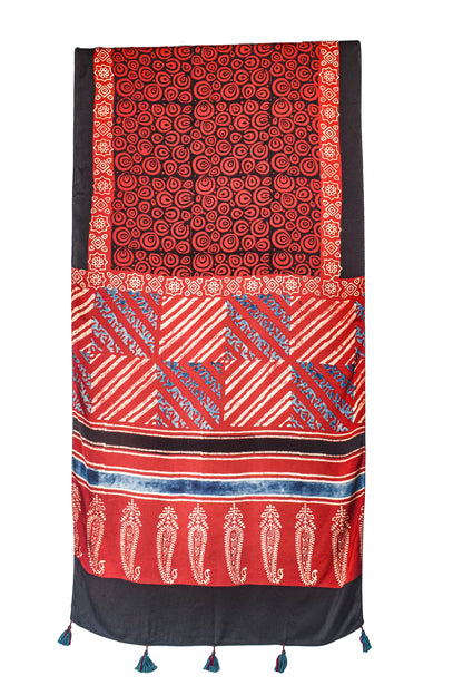 Ajrakh Modal Silk Natural Dye Hand Block Print Stole With Tassels - 2 Mtr Length    -  SKU : AI2690AF