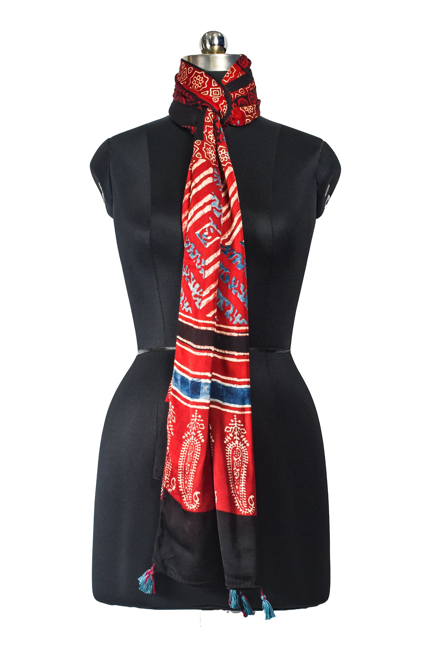 Ajrakh Modal Silk Natural Dye Hand Block Print Stole With Tassels - 2 Mtr Length    -  SKU : AI2690AF