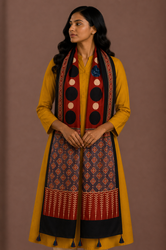 Ajrakh Modal Silk Natural Dye Hand Block Print Stole With Tassels - 2 Mtr Length    -  SKU : AI2690AG
