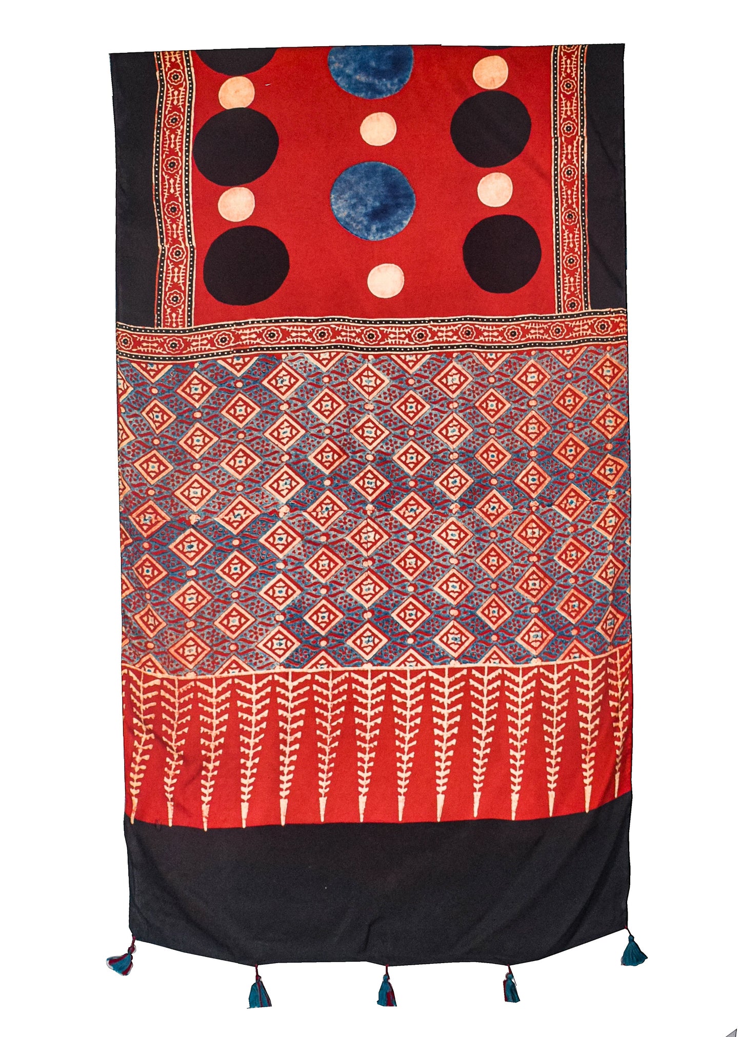 Ajrakh Modal Silk Natural Dye Hand Block Print Stole With Tassels - 2 Mtr Length    -  SKU : AI2690AG