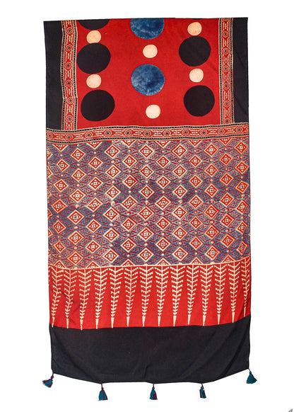 Ajrakh Modal Silk Natural Dye Hand Block Print Stole With Tassels - 2 Mtr Length    -  SKU : AI2690AG
