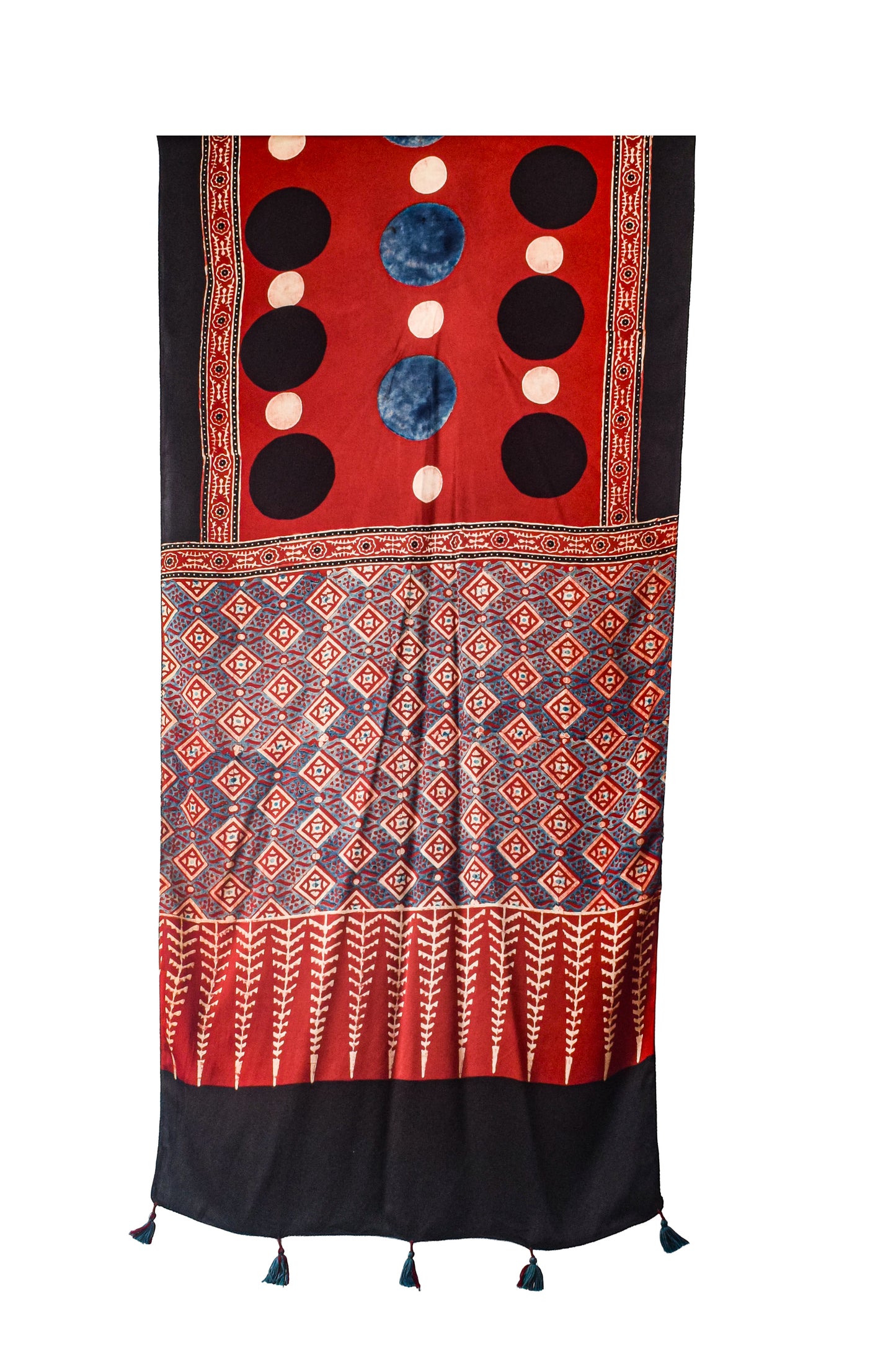 Ajrakh Modal Silk Natural Dye Hand Block Print Stole With Tassels - 2 Mtr Length    -  SKU : AI2690AG