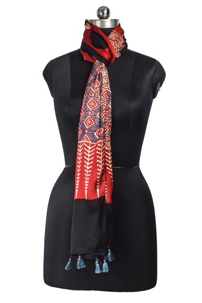 Ajrakh Modal Silk Natural Dye Hand Block Print Stole With Tassels - 2 Mtr Length    -  SKU : AI2690AG