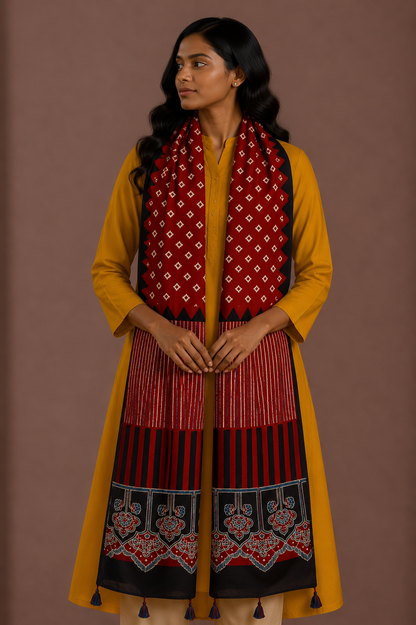 Ajrakh Modal Silk Natural Dye Hand Block Print Stole With Tassels - 2 Mtr Length    -  SKU : AI2690AH